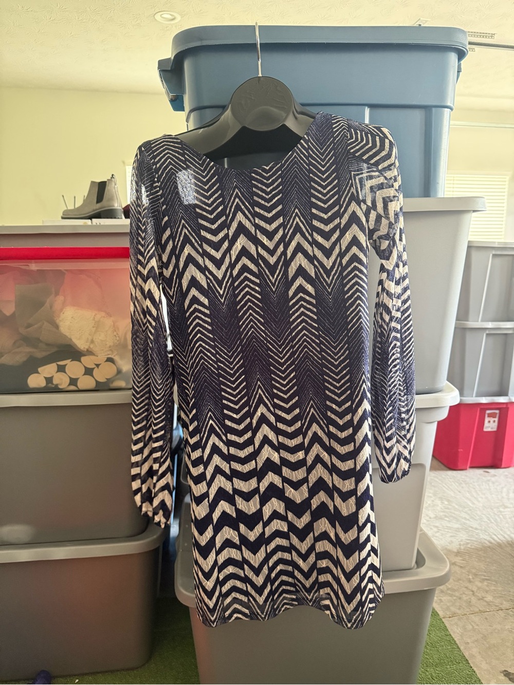 Women's Navy and White Chevron Long-Sleeve Dress p34
